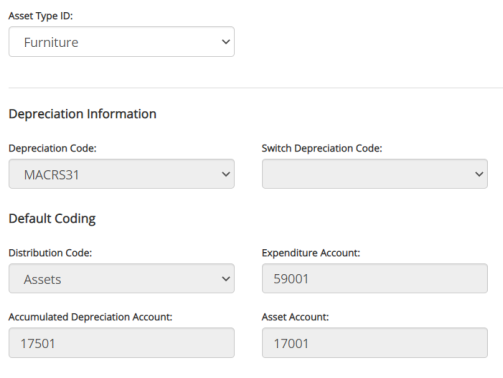 Asset type information fields, including ID, depreciation code, switch depreciation code, distribution code, expenditure account, accumulated depreciation account, and asset account