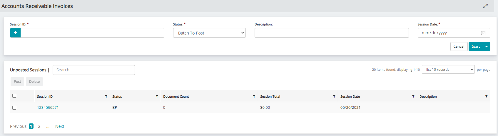 Accounts Receivable Invoices Session Form