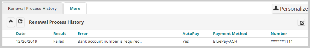 An example of Renewal Process History section displaying subscription auto-renewal getting failed shown above.